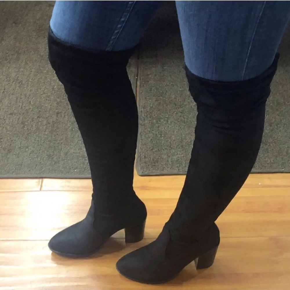 Black Over The Knee Boots, Chunky Heel